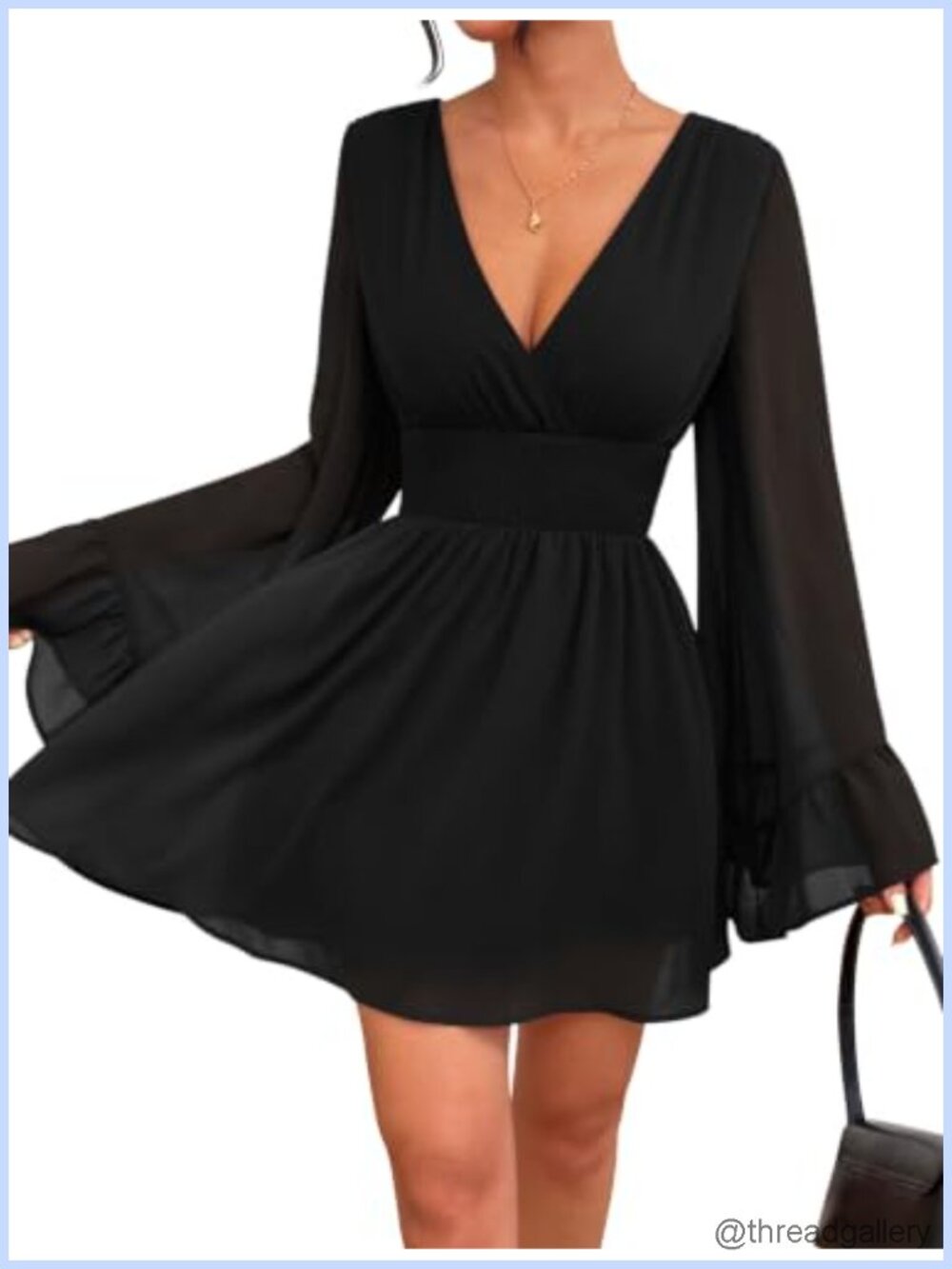 Women's Bell Long Sleeve Mini Dress V Neck Chiffon A-Line